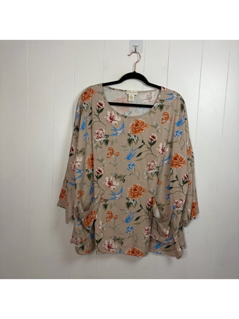 Cynthia Rowley Floral Linen Blend Loose 3/4 Sleeve Top Beige Size 2X New NWT - Picture 2 of 10